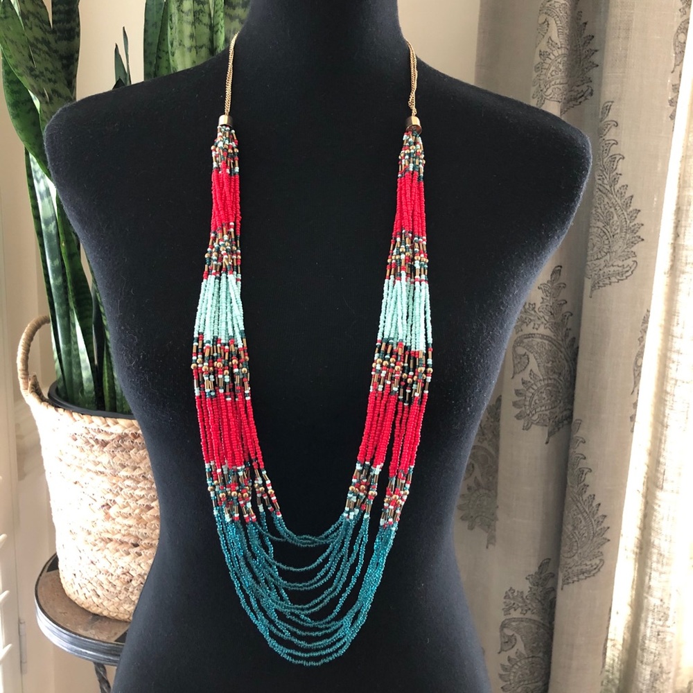 Long Gold Tone Seed Bead Necklace Red Aqua Fashion